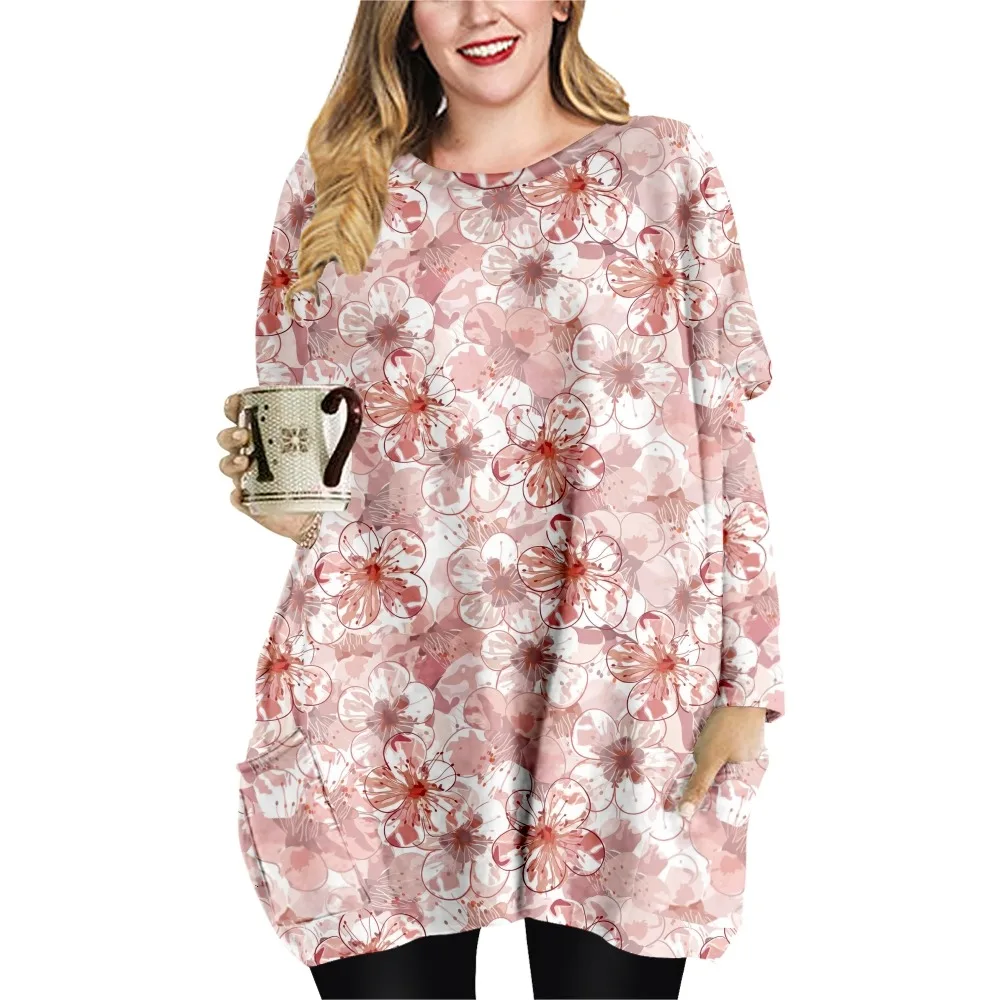 NEUE kirschblüten Drucken Frühling Herbst Lose Beiläufige Stil Damen T-shirt Doppel Tasche Kleid Rundhals Langarm Kleid