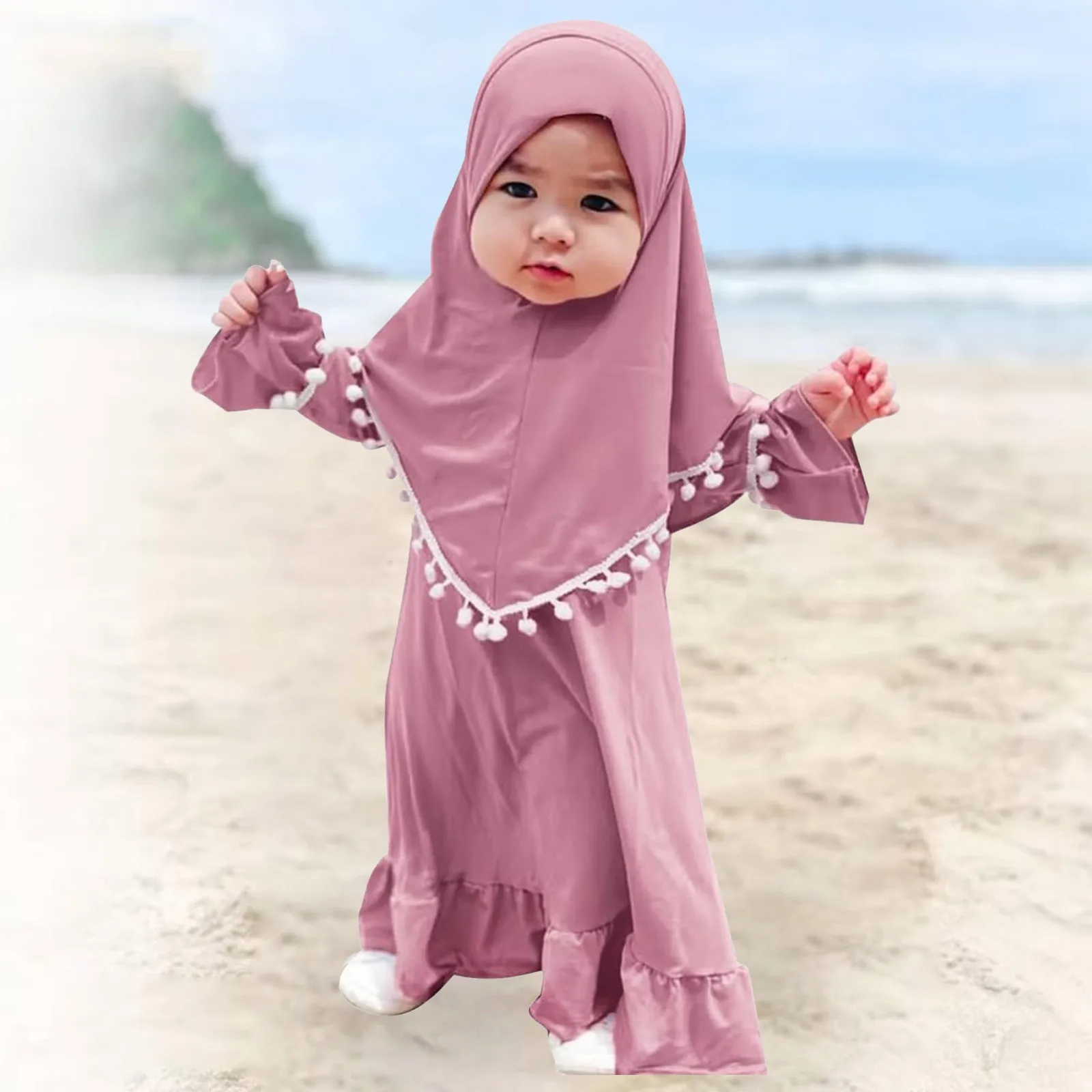 Girl Muslim Dress With Hijab For Newborn Infant Girls 0-5 Years Prayer Dress Muslim Clothes Long Sleeve Muslim Robe+Headscarf