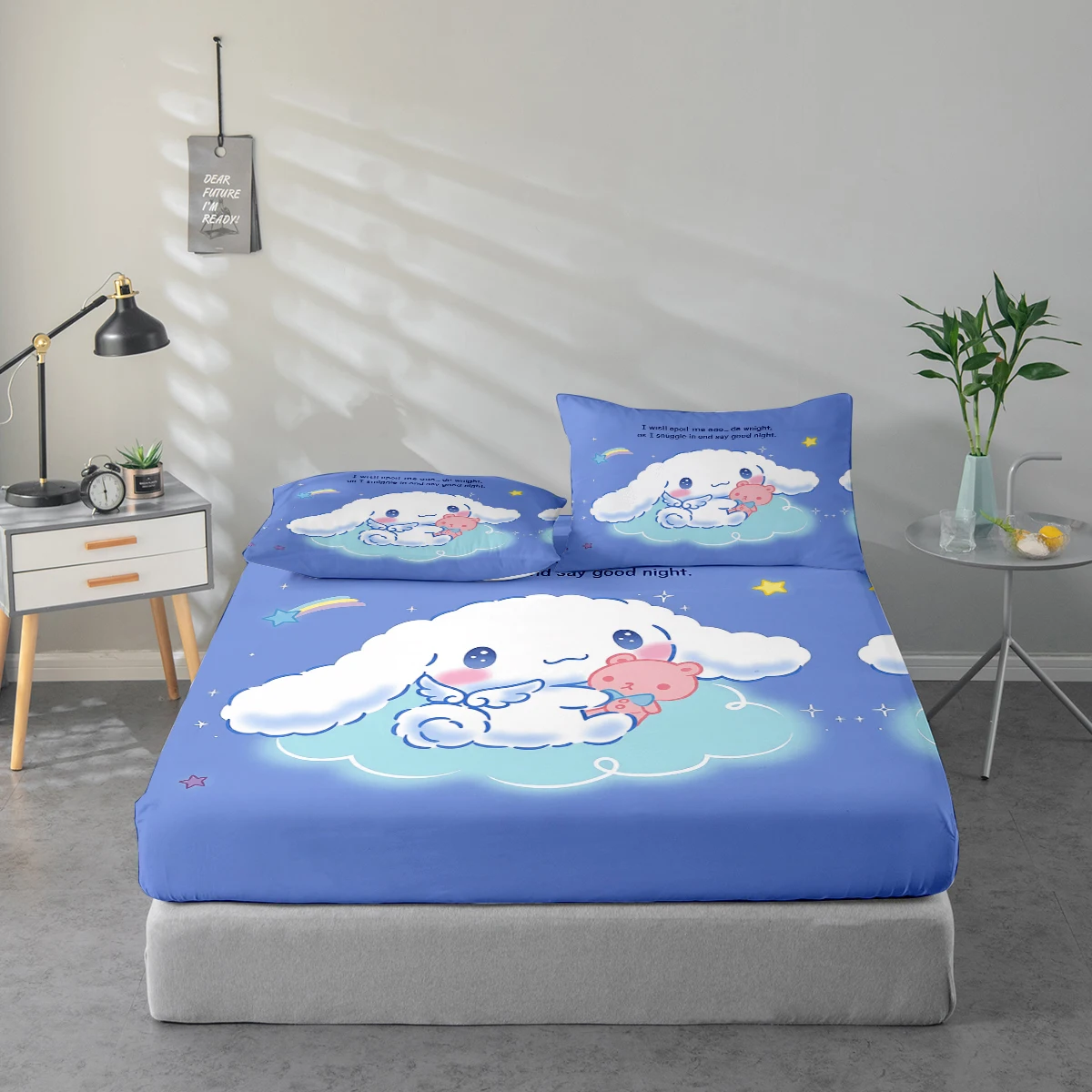 

3-Piece High-Definition Digital Print Bed Sheet Set, Cinnamoroll Holding a Teddy Bear Pattern Bed Sheet Set, Large Floral Print Bed Sheet Set, Includes 1 Fitted Sheet + 1/2 Pillowcase, Suitable for Bedroom, Guest Room, Home Decoration, Polyester Fiber Fit