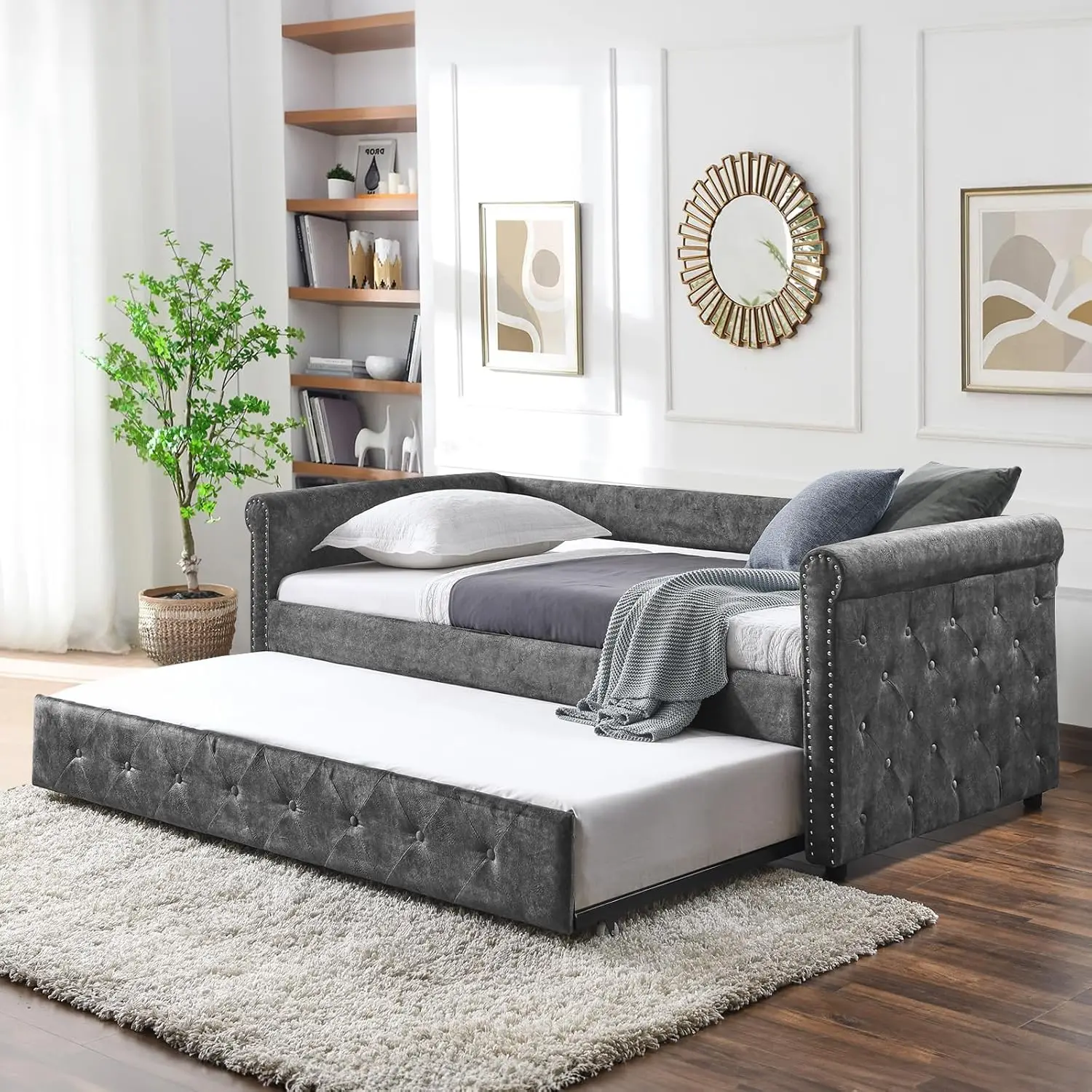 Twin Size Fabric Daybed W/Trundle, Button-Tufted Guest Bed Frame, No Box Spring, Bedroom Living Room Furniture, Customized
