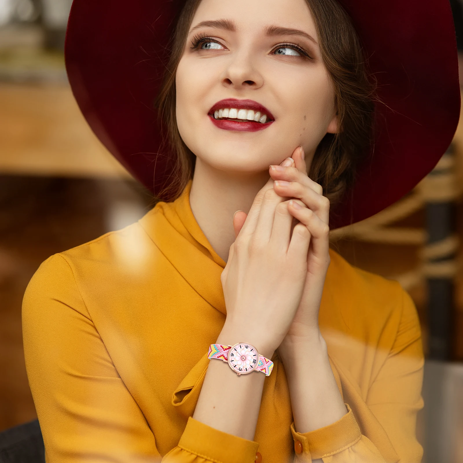 Lancarro Bohemian Ladies bracciale Watch Woven Rainbow Strap Floral Print Dial Analog Quartz Watch Girl Gift