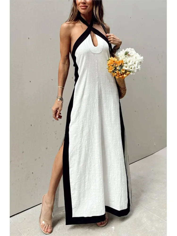 

Summer Sexy Backless Halter Neck Slit Woman's Dresses New Casual Off-shoulder Retro Bohemian Dance Dress Women's Fashion Robe