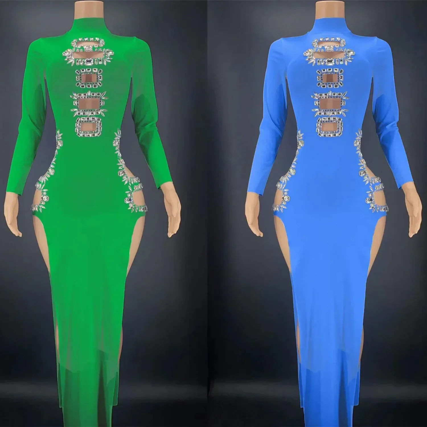 Sparkly Strass Frauen Langarm Cheongsam Sexy Kleid Nachtclub Sänger Tänzer Bühne Tragen Party Feiern Hohe Schlitz QiPao