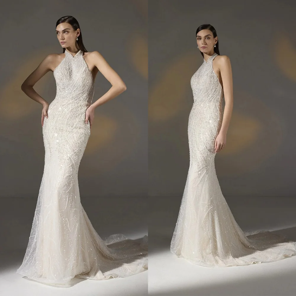 Elegant Wedding Dress High-Neck Sleeveless Sequins Appliques 3D Lace Slim Fit Mermaid Bridal Gowns Vestina De Novia Customized