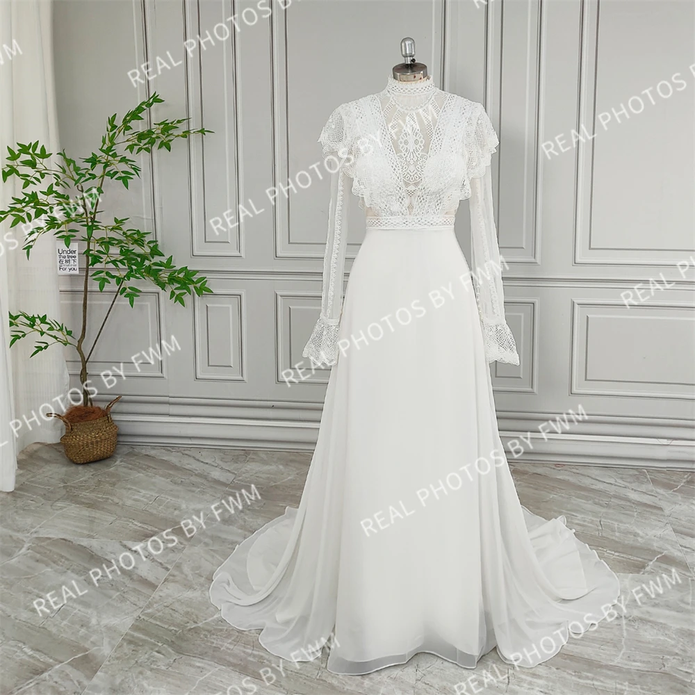 18266 #   100% personalizado simples highe pescoço varredura trem chiffon vestido de casamento boho ilusão voltar vestido de noiva para mulher 2024