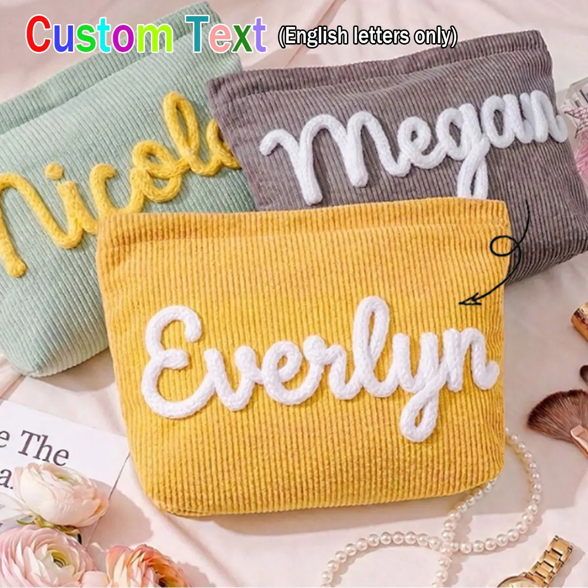 

Персонализированная косметичка из вельвета с именем, органайзер для туалетных принадлежностей, дорожный клатч, подарок для мамы или девушки