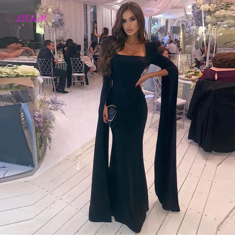 

Modern Black Mermaid Prom Dresses Long Cape Sleeves Fitted Slim Women Evening Formal Gowns Custom Made vestidos de fiesta
