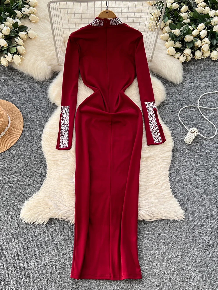 TWOTWINSTYLE Solid Patchwork  Diamonds Slimming Dresses For Women Turtleneck Long Sleeve High Waist Chic Dress Female Clothes