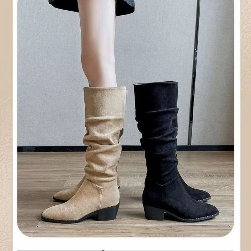كعب مكتنز ريترو فوق الركبة مطوي أحذية النساء أحذية عالية أنبوب الموضة #5