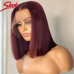 Peluca de cabello humano liso con encaje frontal para mujer, Bob postizo de corte, color rojo borgoña 99J, elegante, 13x61x1