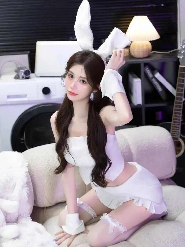 

Белый кролик для девочек, пряный топ с задержкой на талии, комплект с бюстье, костюм на Хэллоуин, одинаковая юбка, дизайн, закрывающая ягодицы, полиэстер...