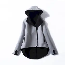 Fashion Grey Straight Hoodies Women Irregular Design Hooded Collar Zipper Cardigan Coats Three Seasons Trend Casual Loose Hoodie