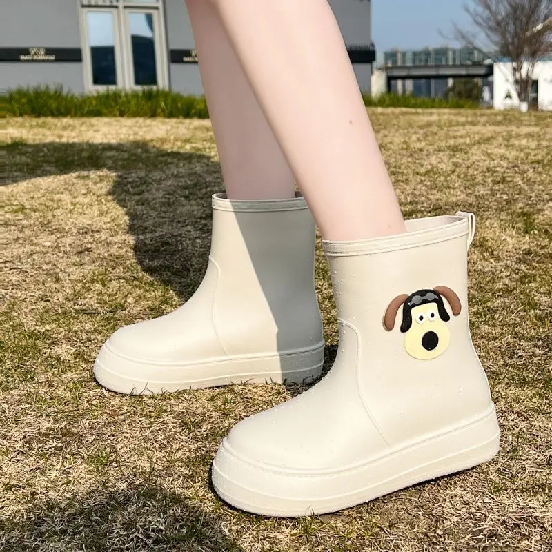 

​ Женские резиновые сапоги до середины икры в корейском стиле, модная нескользящая водонепроницаемая обувь на флисовой подкладке для кухни, прочная уличная и домашняя работа ​