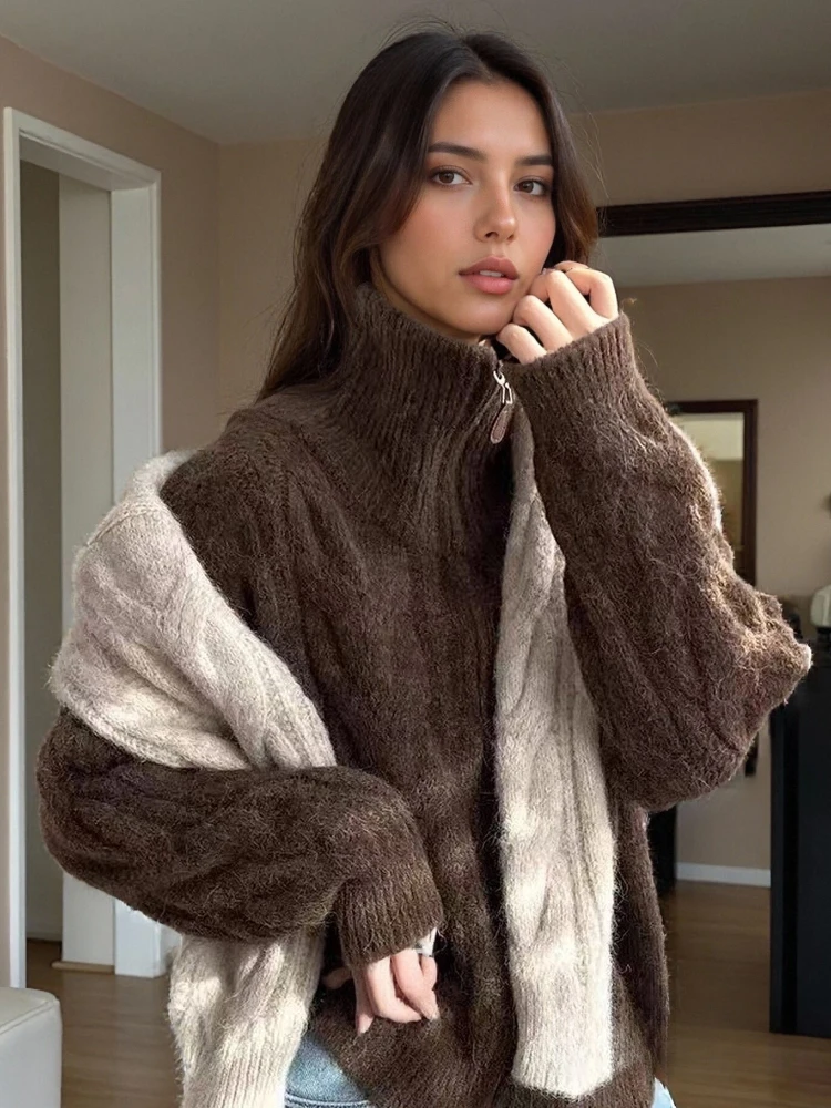 

Осень/зима, кардиган на молнии, свитер, женская водолазка, свободный повседневный кардиган, однотонные вязаные куртки в стиле ретро, милый мягкий трикотаж