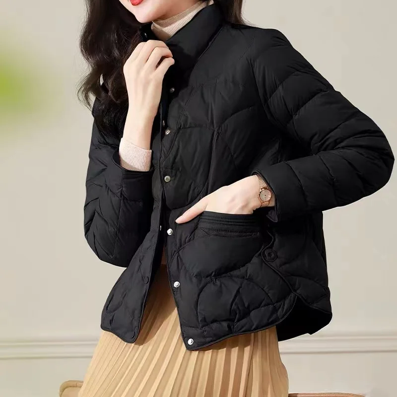 Lekka bawełniana kurtka damska, modna, idealna na zimę, do noszenia na co dzień, z wysokim kołnierzem, zapinana na jeden guzik.