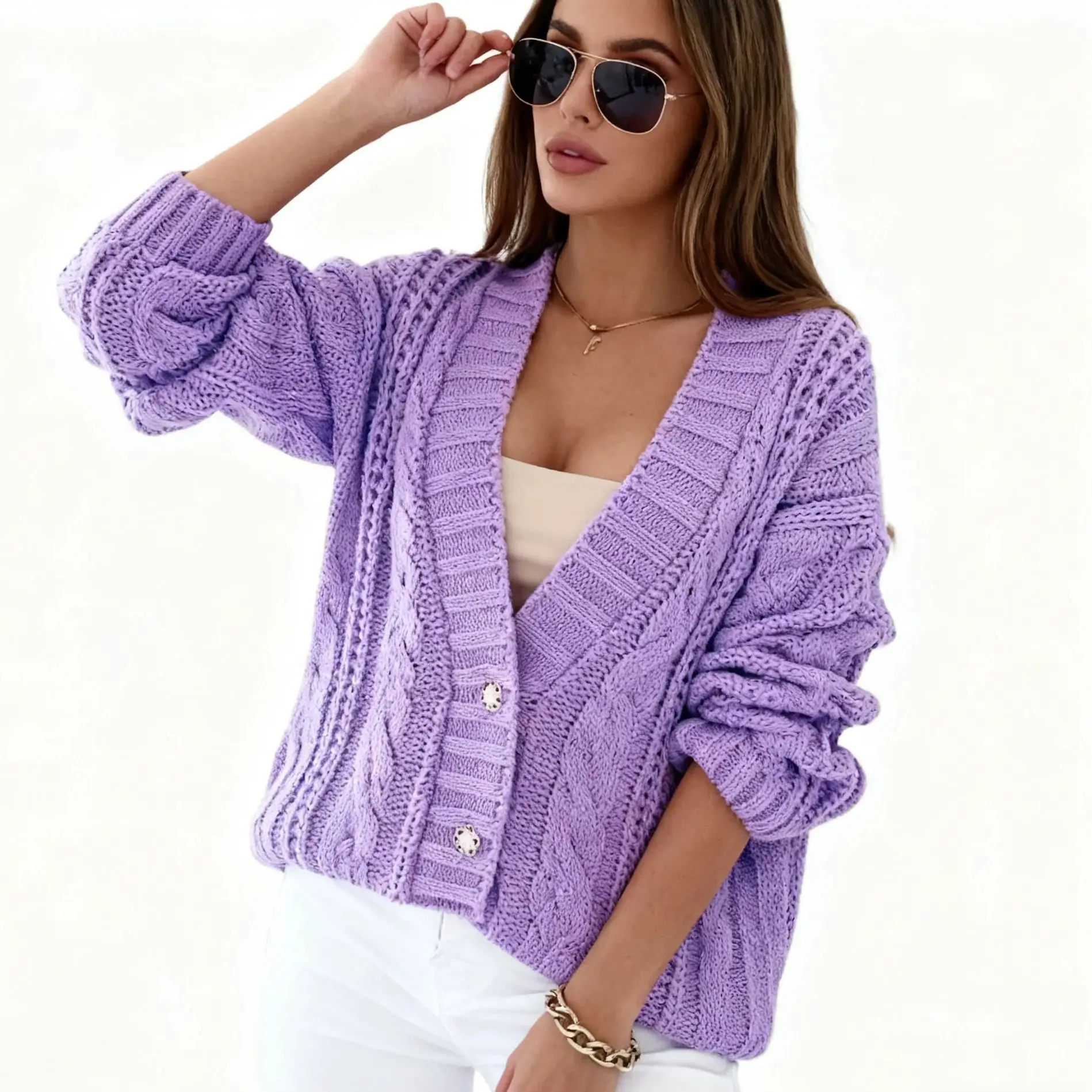 

Fashion New Winter Women's Knitted Cardigan Sweater V-neck Long-sleeved Short Fashionable Casual Style Cropped Cardigan