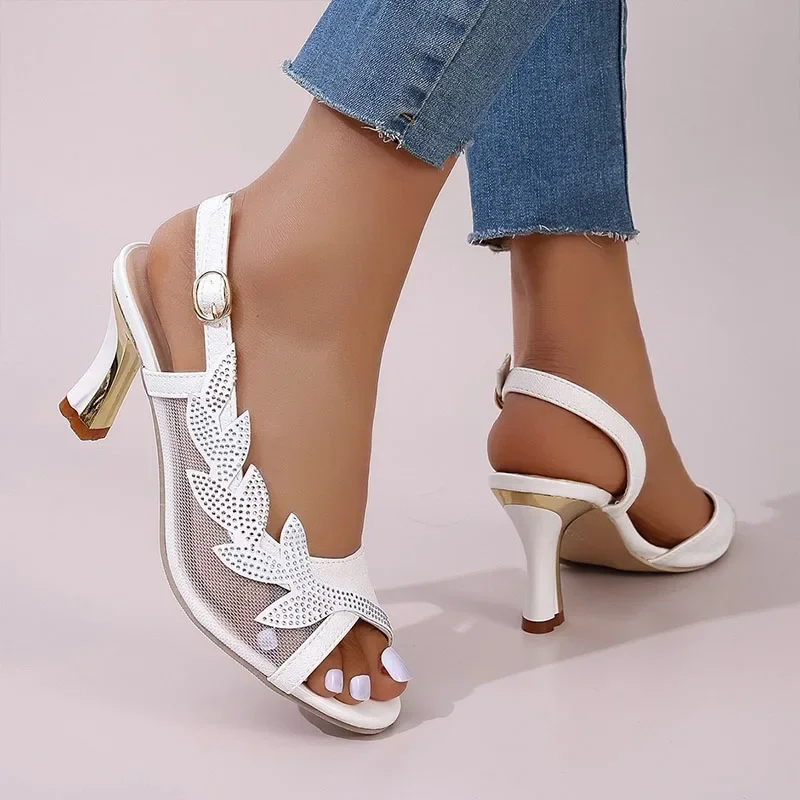الصيف عالية الكعب النساء اللمحة تو الصنادل مثير Slingback Stiletto الكعوب سيدة فاخرة شبكة مرصعة بأحجار الراين النسيج والصنادل الجلدية