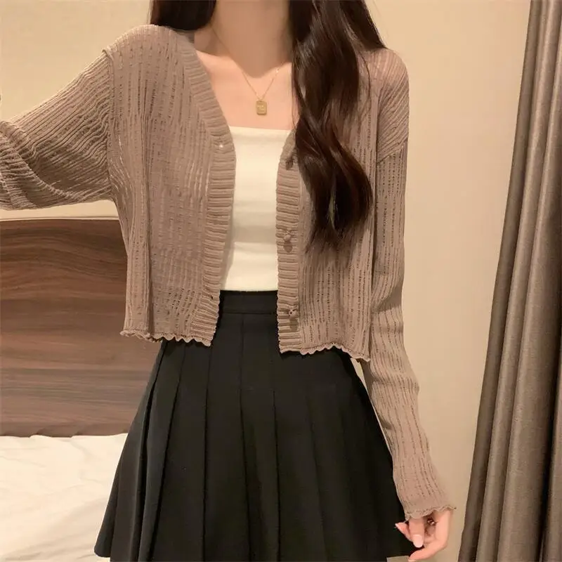 Summer Women\'s Cardigan Knitted Sweater Thin Ice Silk Sunscreen Shirt Street Style Auricularia Auricula Edge Coat Top