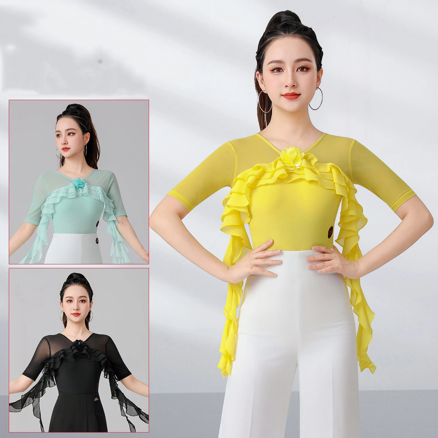 2025 femmes moderne haut de danse volant demi manches combinaison Chacha Rumba Tango robe de danse Costumes de danse latine porter DN20695