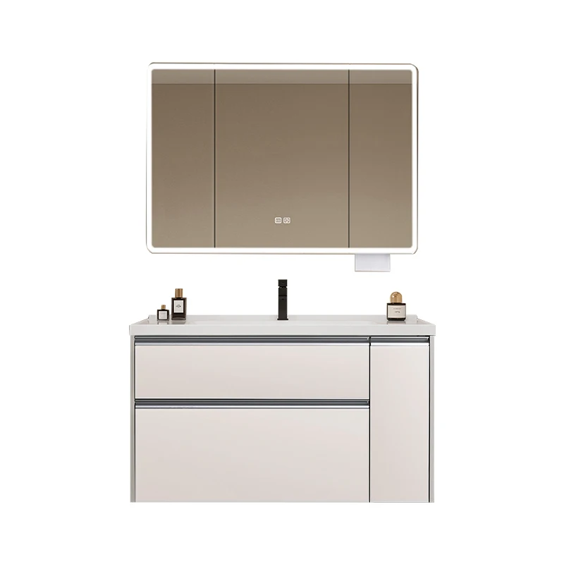 Double-layer heightened pumping basket Mother pumping bathroom cabinet combination Cream wind bathroom ceramic integrated basin