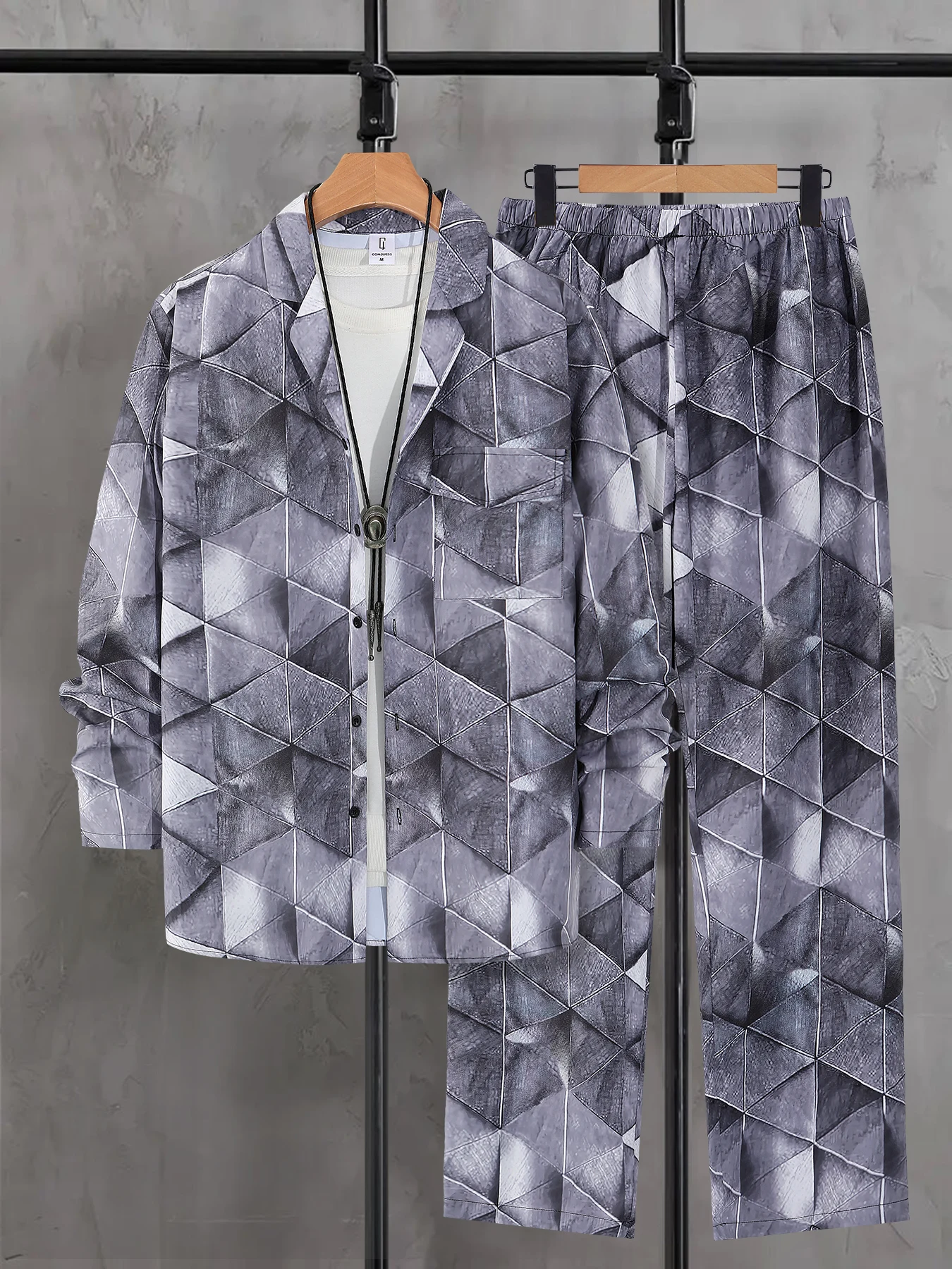 

Men's Geometric Print Loungewear Set Spring Fall Loose Long Sleeve Shirt & Flowy Pants 2 Piece Comfort Outfit
