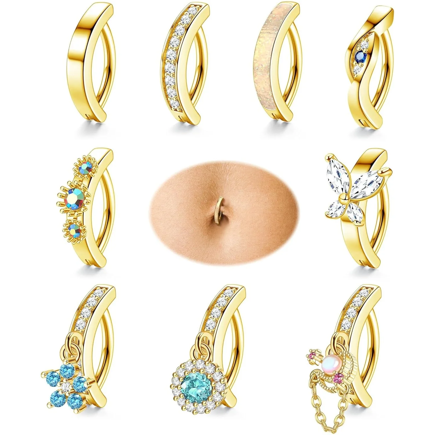 

Bobisty 9PCS 14G Belly Button Ring for Women Surgical Steel Cute CZ Opal Belly Rings Dangle Reverse Body Belly Piercing Jewelry