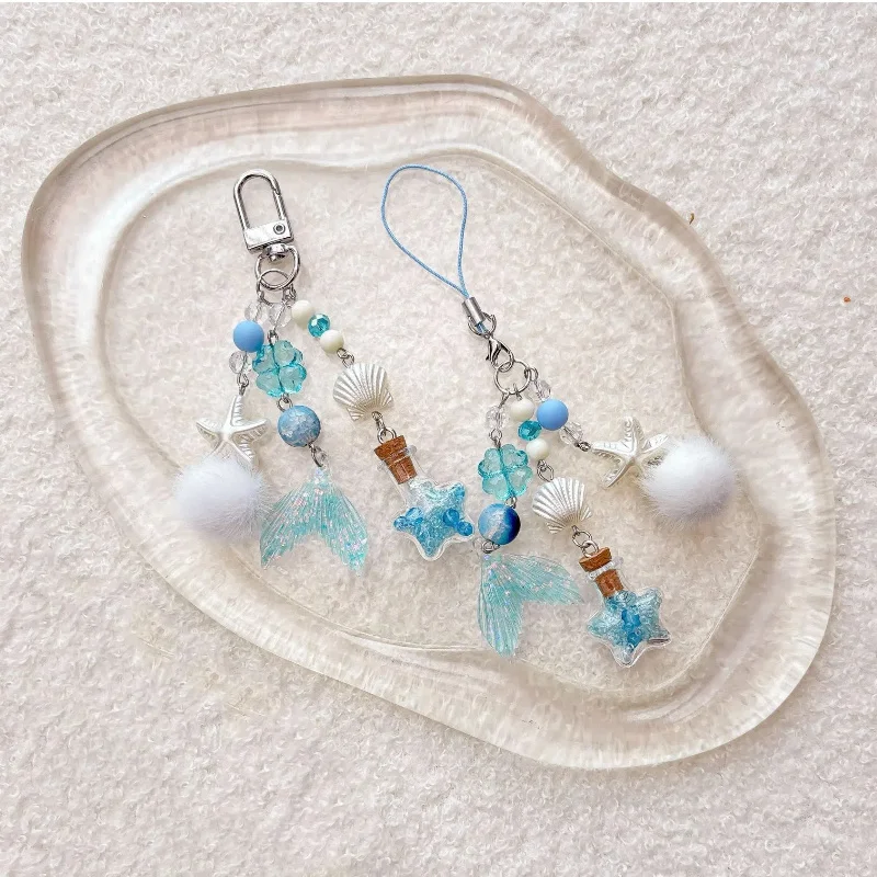 Minimalist Ocean Drifting Bottle Shaped Plush Keychain Blue Five Pointed Star Backpack Pendant Couple Phone Chain Car Decoration