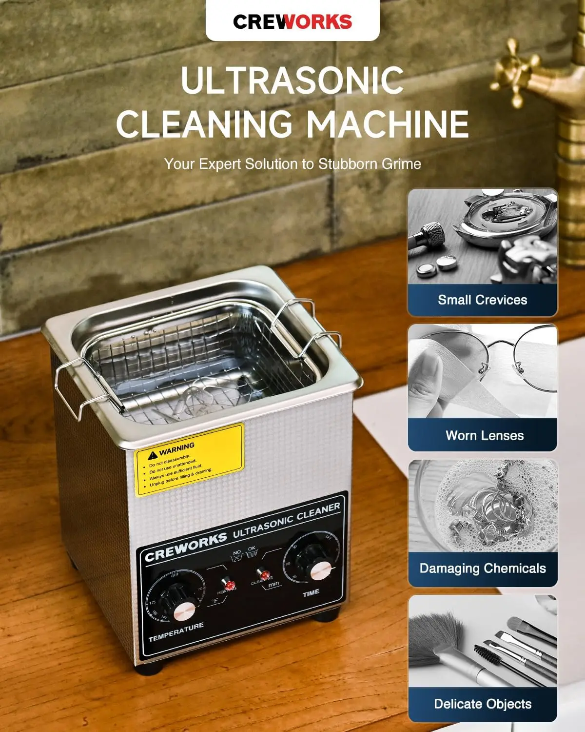 Pulitore ad ultrasuoni con riscaldatore e timer, macchina per la pulizia ad ultrasuoni da 1/2 gallone in acciaio inossidabile da 60 W con Degas e delicato,