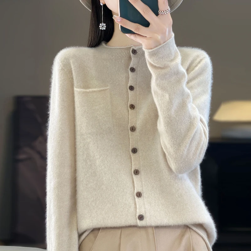 Women Sweater 100% Merino Wool Knitted Clothing Autumn New Long Sleeved Cardigan Round Neck Casual Pullover Tops Fashion Korean