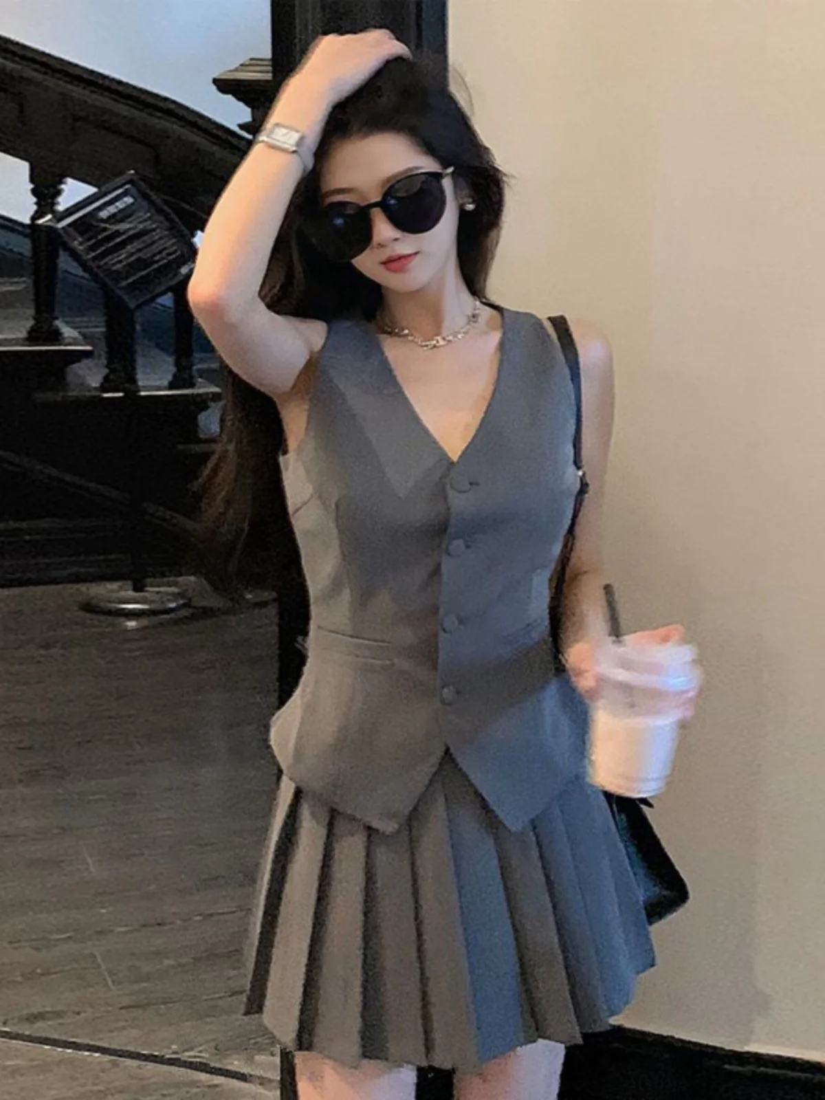 

Faionable Suit Vest Set Women's Svel Midi Skirt Two-Piece Outfit Ele Summer High-End Sensation Gathered Detail