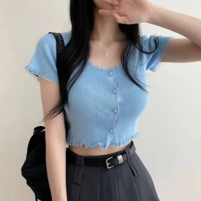 Top de Encaje Tejido para Mujer, Estilo Dulce y Versátil de Verano, Estilo Suave que Deja el Vientre al Descubierto, Encaje C...