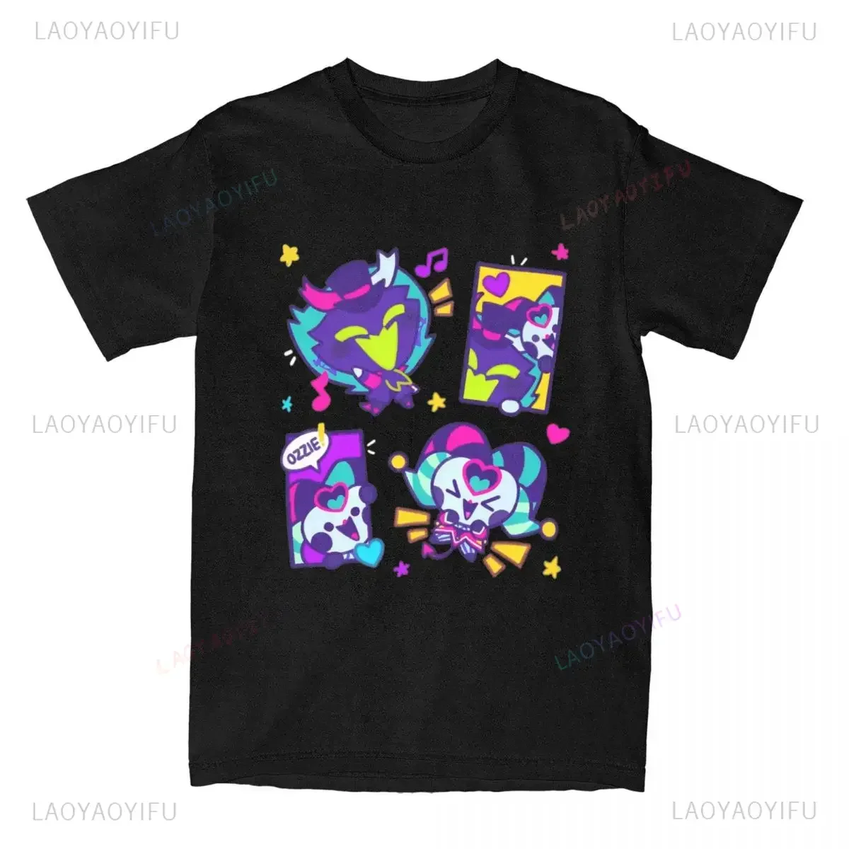 تي شيرت ربيع 2025 Helluva Boss Ozzie & Fizz أنيمي تي شيرت قطني ناعم للجنسين ملابس الشارع الشهير تي شيرت للرجال والنساء Kawaii Chibi عيد الحب جرافيك