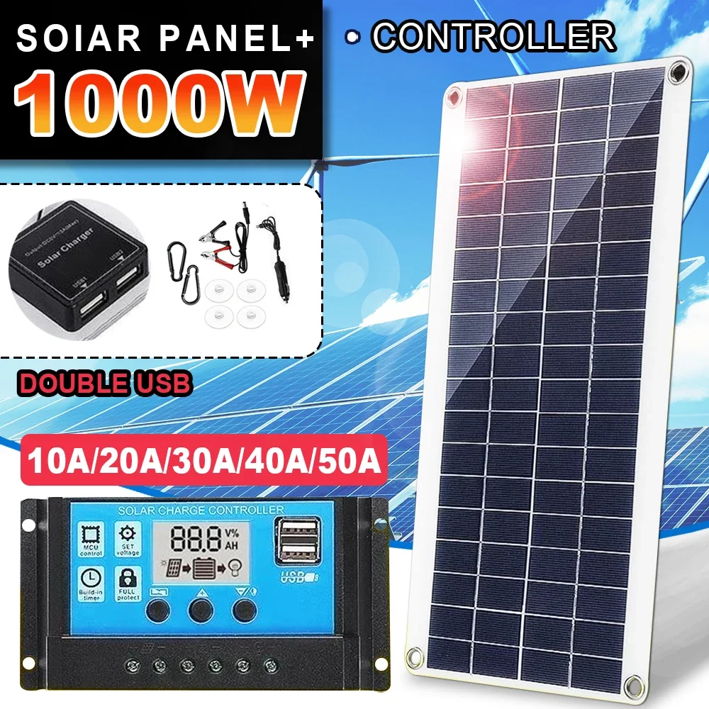 1000W 태양 전지 패널, 12V 태양 전지 키트, 10A-100A 컨트롤러, 휴대폰 RV 자동차 MP3 패드 충전기, 야외 배터리 공급