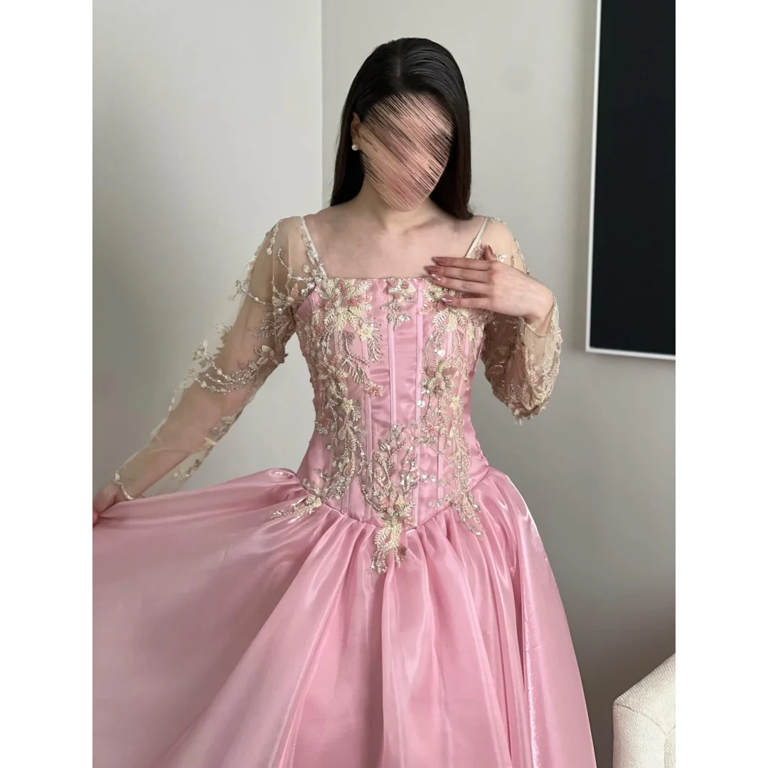 

Pink Luxury Organza Beading Evening Dresses Illusion Long Sleeves Floral Appliques Ball Gowns Chic Formal A-line Ladies Dress