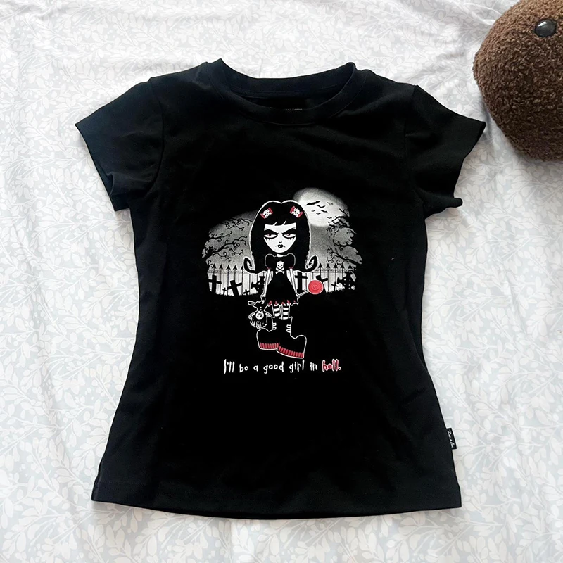 2000s Y2k Gothic Streetwear Graphic Print Casual Women's Grunge T-Shirt Punk Slim Baby Tees Y2k Clothes Emo girls Crop Tops