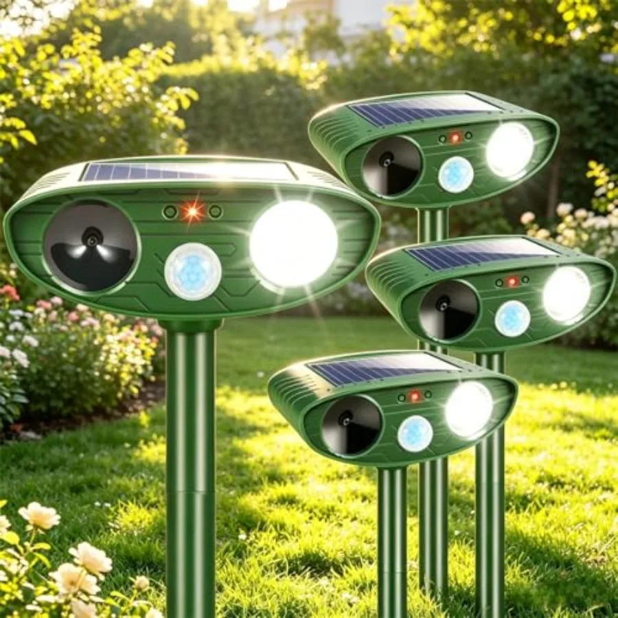 

Outdoor solar ultrasonic animal repellent pack: IP65 waterproof, gray, motion sensor strobe light for deer, cats, squirrels, do