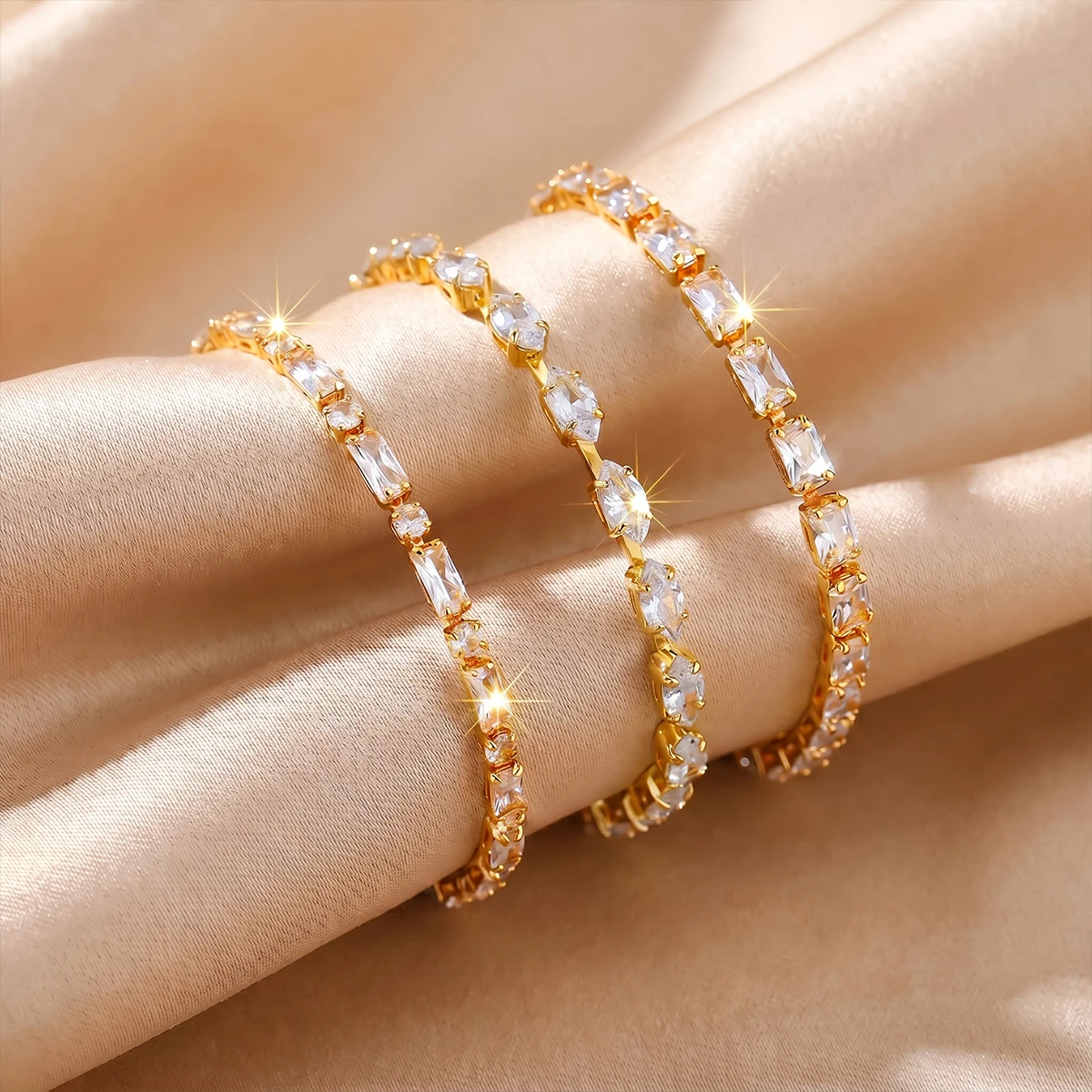 3-piece fashionable women's set bracelet, different tennis zircon bracelets, 24k gold plated, suitable for daily wear