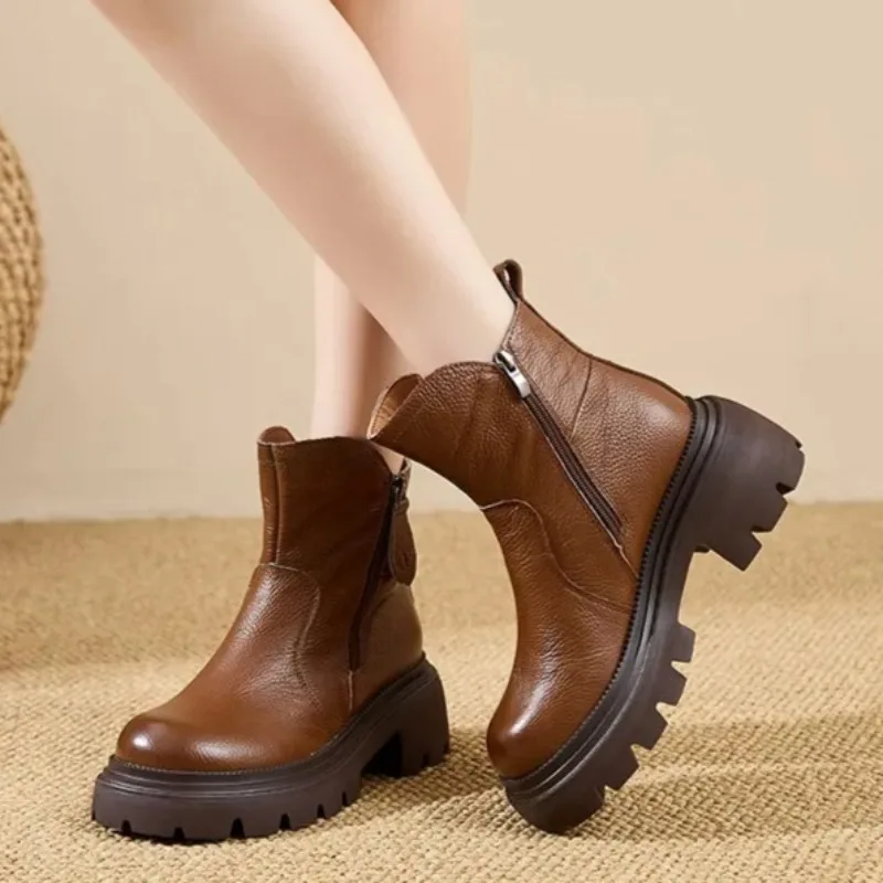 Fall/Winter Retro Brown Soft Leather Ankle Boots Women Fashion Round-Toe Side Zip Platform Boots Cozy Anti-Slip Motorcycle Boot