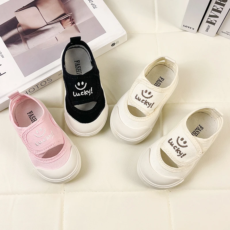 Children Casual Shoes Breatheable Round-toe 2023 New Black Hollow Baby Boys and Girls Kids Shoes Simple Smile Non-slip Korean