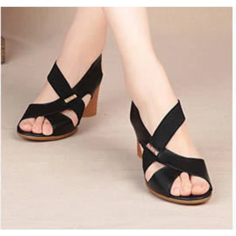 Summer New Han Edition Fashion Fish Mouth Elastic Thick with Fashion Leisure Large Size Women's Roman Sandals  Womens Shoes