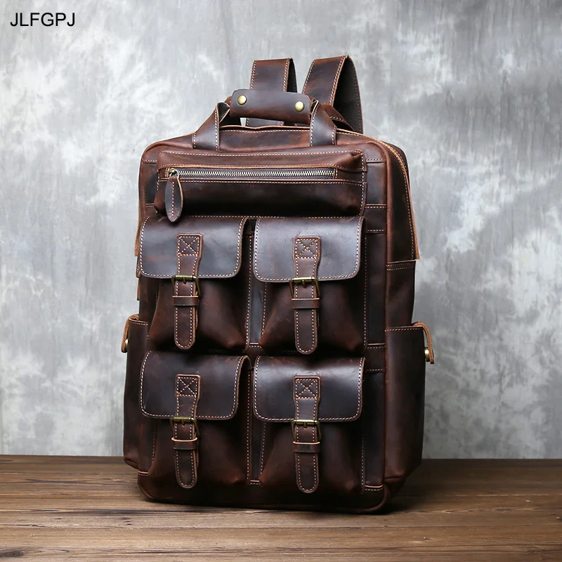 Vintage Genuine Leather Men's Backpack Top Layer Cowhide Large Capacity Outdoor Travel Bag Tide