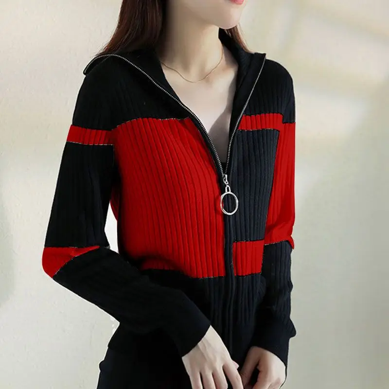 Koreańska kurtka z dzianiny na jesień Nowa kurtka z długim rękawem Slim Contrast All-match Fashion Zipper Cardigan Vintage Casual Odzież damska