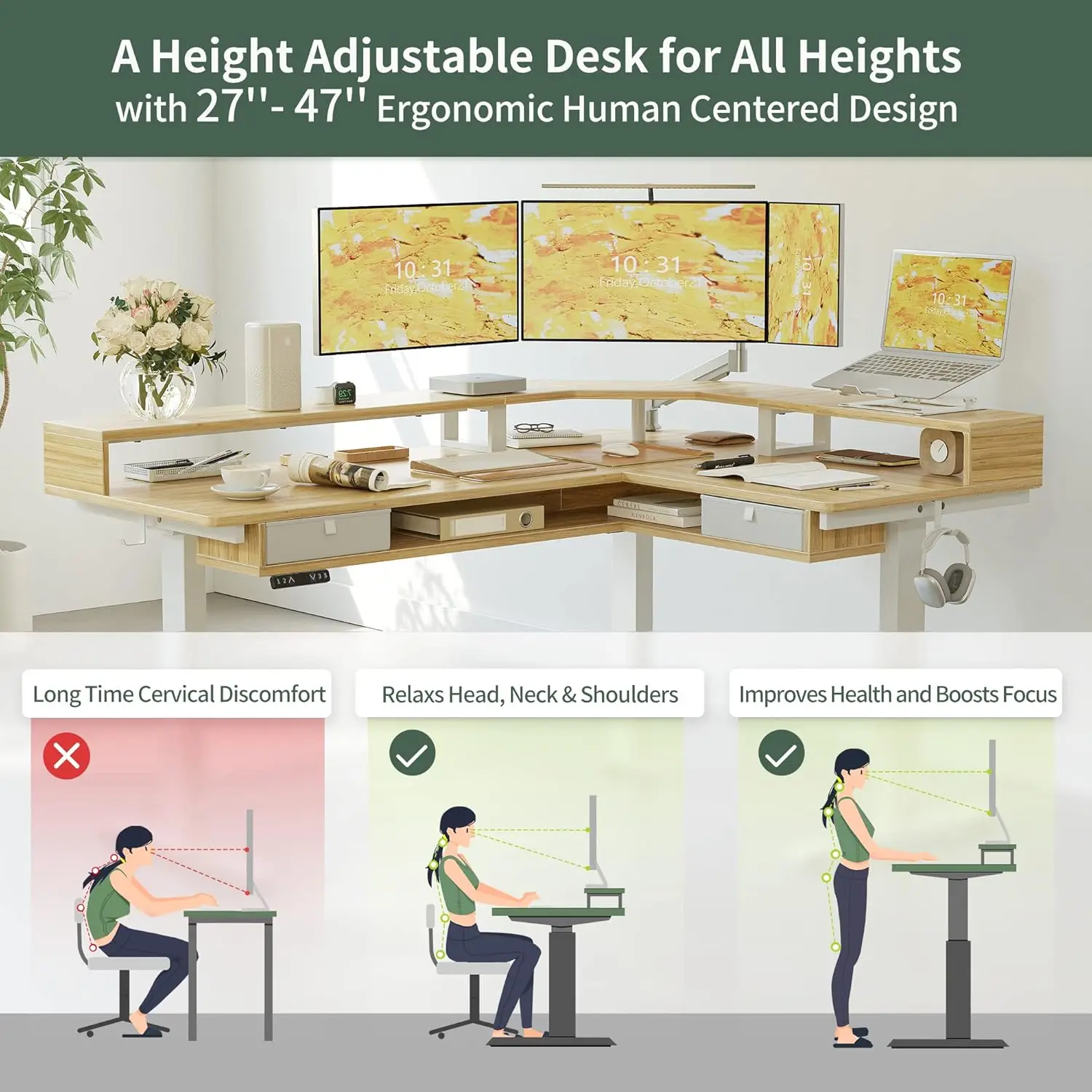 Fezibo Triple Motors Supports Over 300Lbs, L Shaped Standing Desk With Led Strip & 2 Drawers, Upper And Lower Storage Shelves