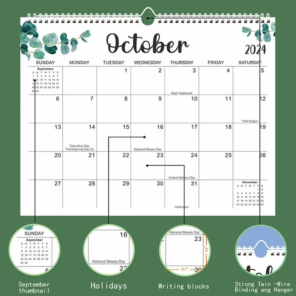 English Calendar 2024 Minimalist Yo Coil Wall Calendar Spacious Monthly Layout Easy-to-read Numbers Letters Calendar