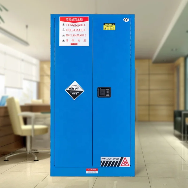 خزانة تخزين حمض بقفل مختبر كيميائي أزرق مقاومة للحريق، غطاء أمان من الفولاذ بالكامل، خزانة تخزين سائلة