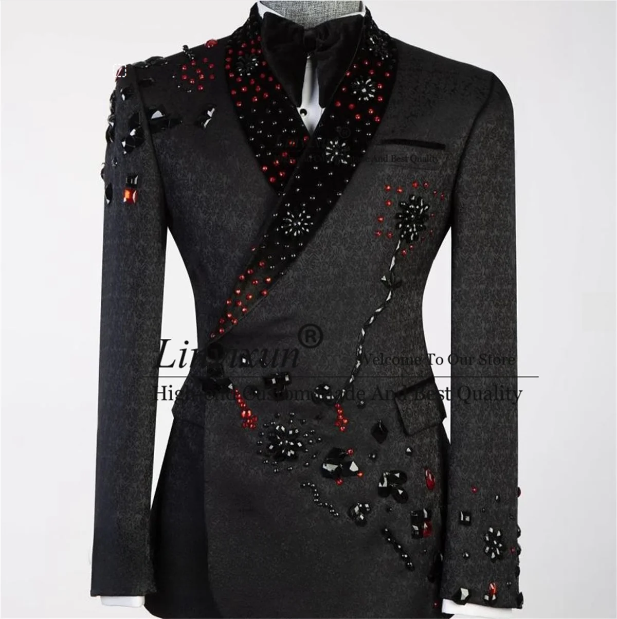 

Double Breasted Wedding Suits For Men Jacquard Beaded Groom Male Prom Blazers Slim Fit 2 Pieces Sets Terno Masculino Completo