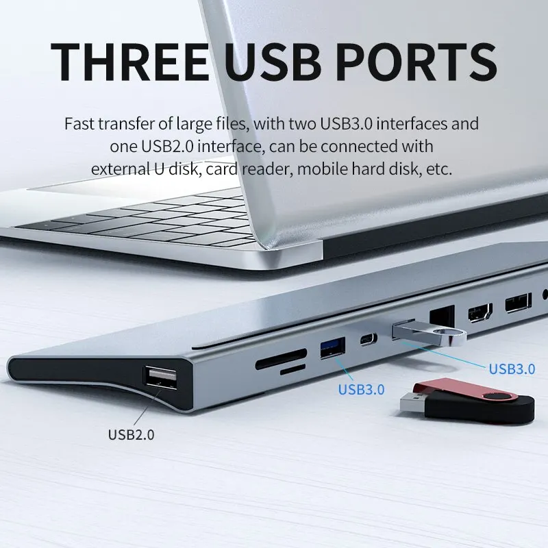 Docking Station 12 in 1 USB-C con 4K HDMI,DP,VGA,USB3.0, lettore SD/TF, 100W PD, Audio 3.5mm, porte RJ45 1000M per Macbook Dell