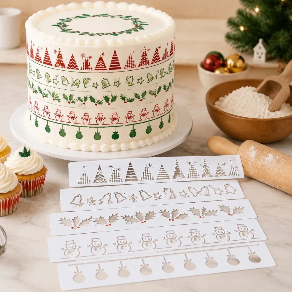 5PCS Christmas Long Border Hollow‑out Stencil Snowman Bell Holly Xmas Tree Bauble PET Cake Fondant Cookie Baking Decor Stencils