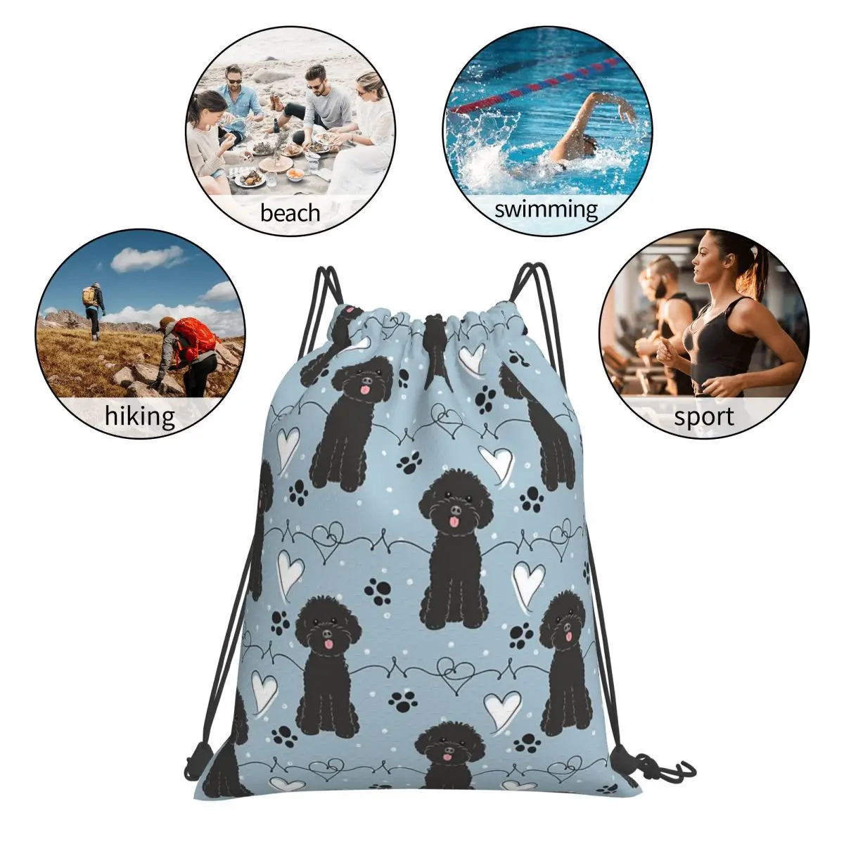 LOVE Black Toy Poodle Backpacks Casual Portable Drawstring Bags Drawstring Bundle Pocket Sports Bag Book Bag For Travel Students