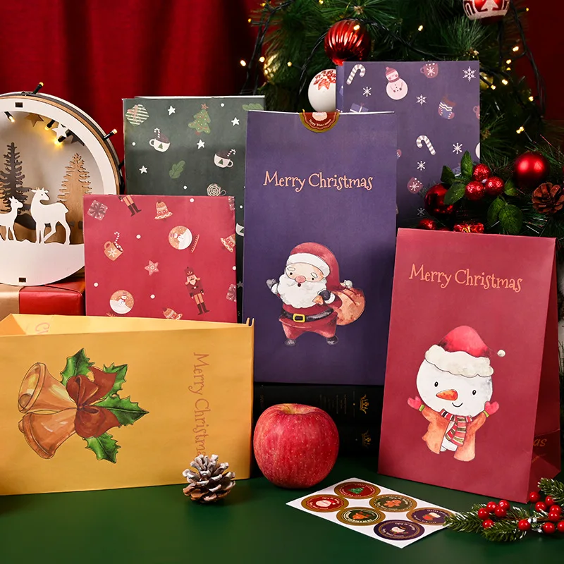 12PCS Cute Christmas Gift Bag Holiday Gift Storage Paper Bag Cartoon Apple Bag Children Divided Flat Candy Bag